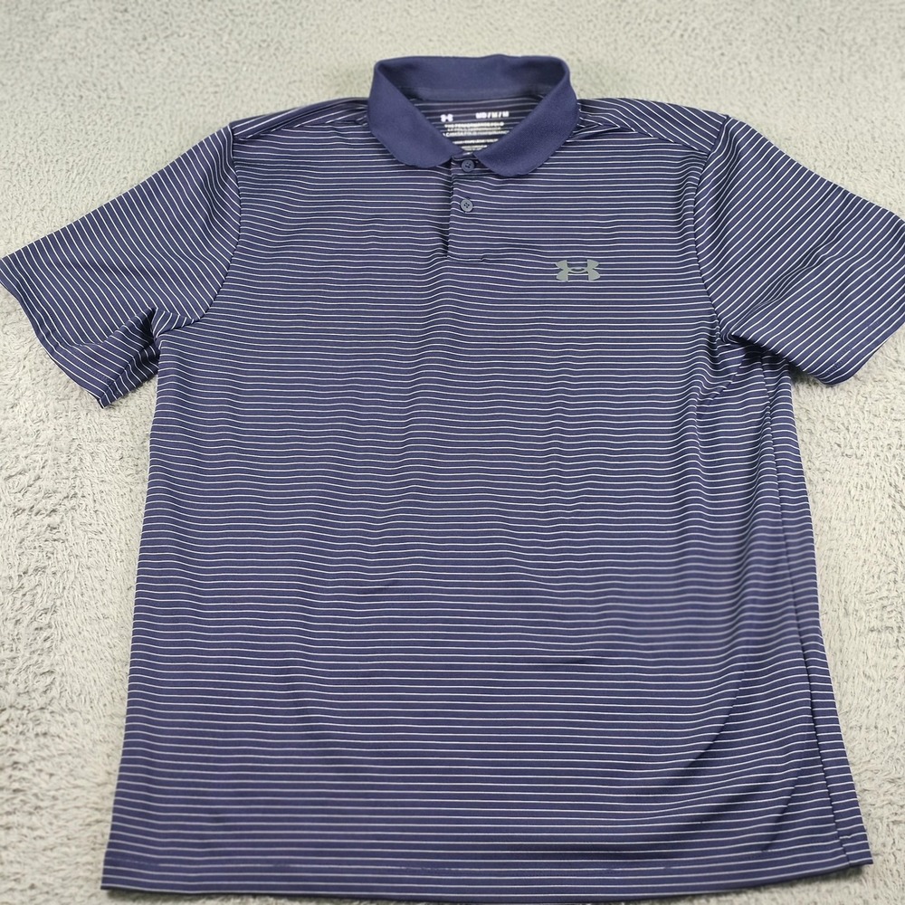 Under Armour The Performance Polo Shirt Mens Medium Navy White Stripe Golf Loose - Picture 2 of 10